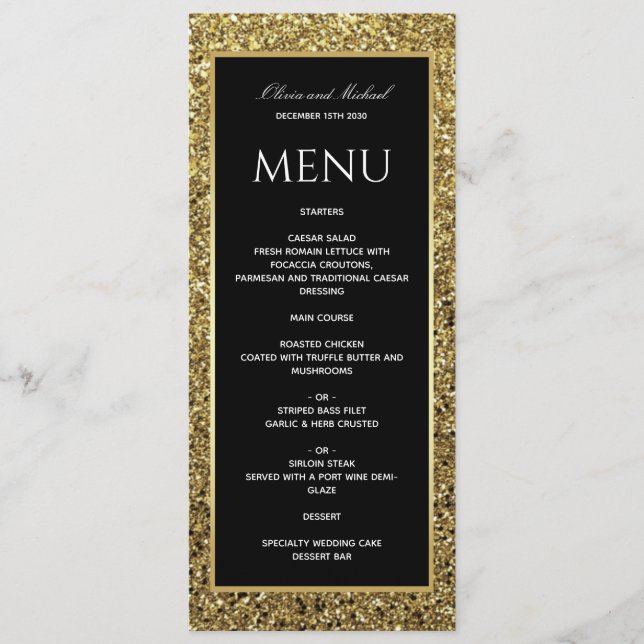Elegant Gold Black and White Wedding Menu (Front)