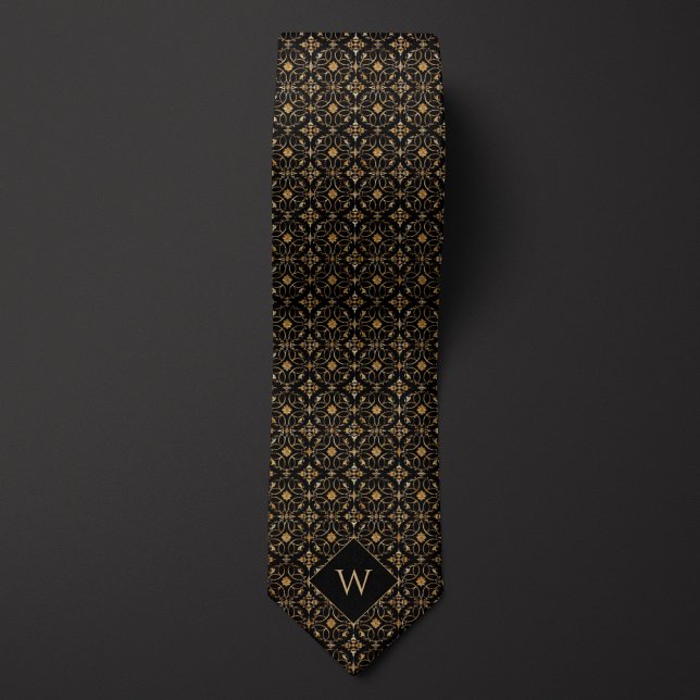 Elegant Gold & Black Arabesque Monogram Tie (Creator Uploaded)