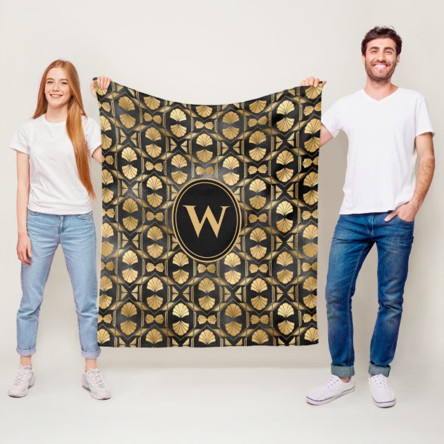 Elegant Gold Black Art Deco Shell Monogram Pattern Fleece Blanket (In Situ)