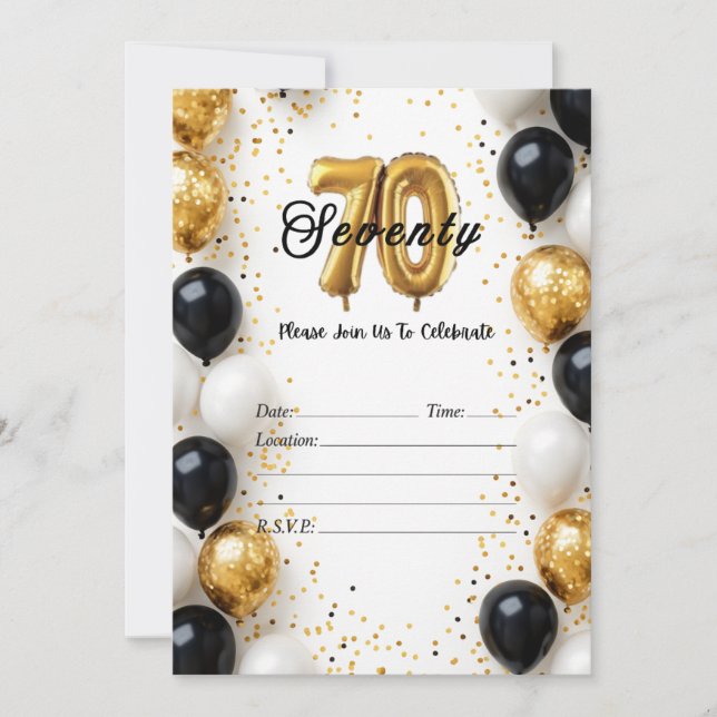 Elegant Gold & Black Balloon 70th Birthday Invite (Front)