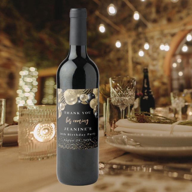 Elegant Gold Black Balloons Thank you Favour Wine Label (Elegant Gold Black Balloons Thank you Favor Wine Label)