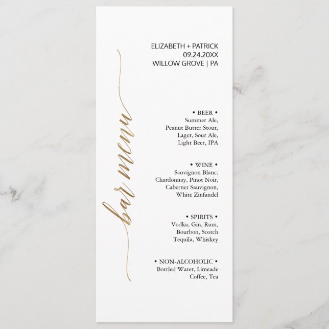 Elegant Gold & Black Calligraphy Bar Menu Card (Front)