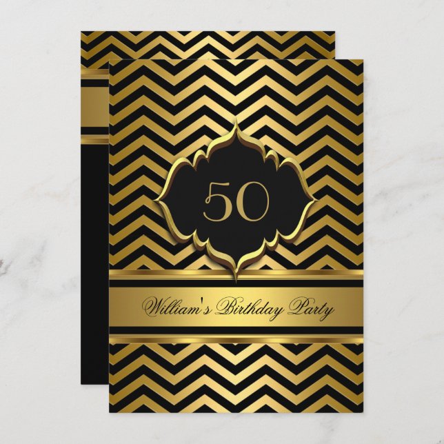 Elegant Gold Black Chevron Birthday Party Invitation (Front/Back)