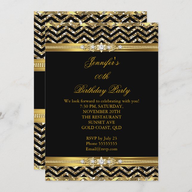Elegant Gold Black Chevron Diamond Birthday 2 Invitation (Front/Back)