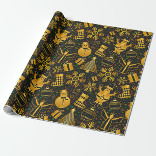 Elegant Gold & Black Christmas Icons Wrapping Paper