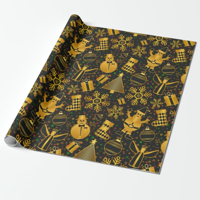 Elegant Gold & Black Christmas Icons Wrapping Paper (Unrolled)