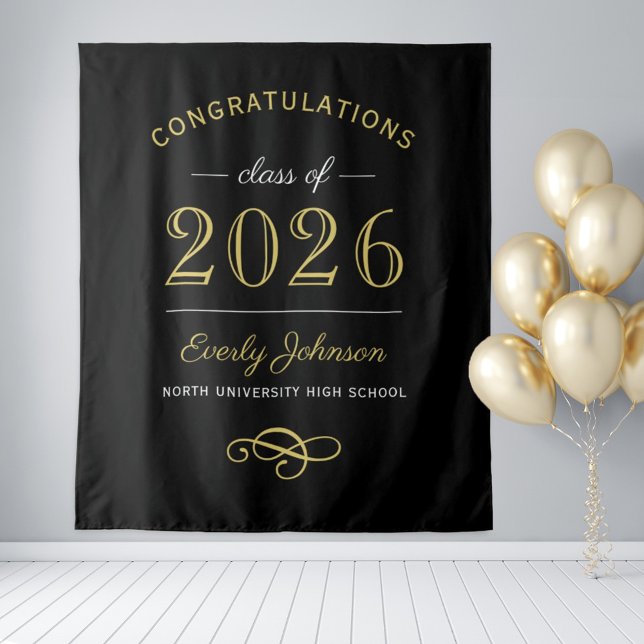 Elegant Gold Black Class of 2026 Backdrop Tapestry (Creator Uploaded)
