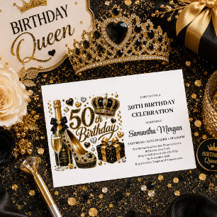 Elegant Gold Black Confetti Fifty And Fabulous Inv Invitation