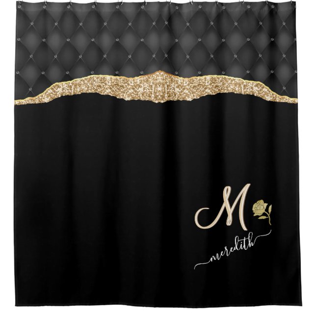 Elegant Gold Black  Custom Monogram Name Rose  Shower Curtain (Front)