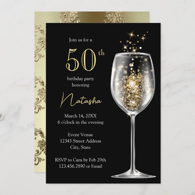 Elegant Gold Black Damask 50th Birthday Party Invitation (Front/Back)