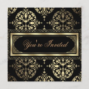 Elegant Gold Black Damask Party Invitations