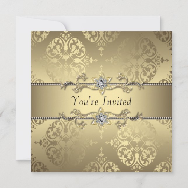 Elegant Gold Black Damask Party Invitations (Front)