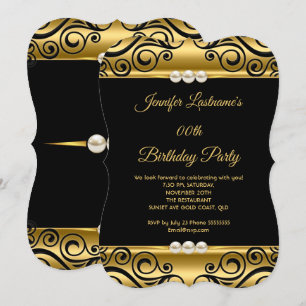 Elegant Gold Black Damask Pearl Birthday Party Invitation
