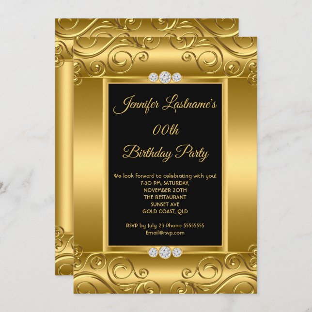 Elegant Gold Black Damask Photo Birthday Party Invitation (Front/Back)