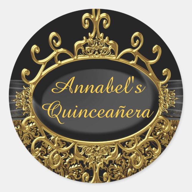 Elegant Gold & Black Damask Quinceanera Sticker (Front)