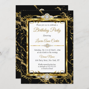 Elegant Gold Black Diamond Photo Birthday Party Invitation