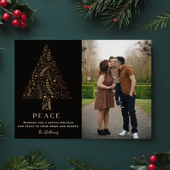 Elegant Gold & Black Family Tree Christmas Photo  Holiday Card (Creator Uploaded)