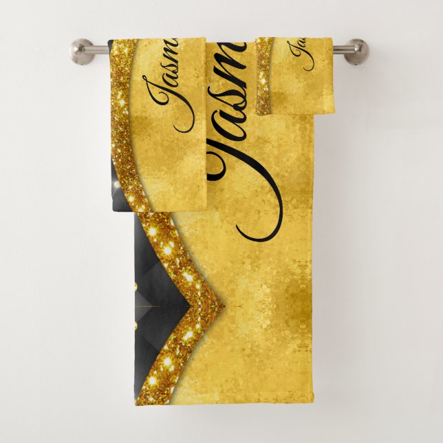 Elegant gold black faux rhinestone monogram  bath towel set (Insitu)