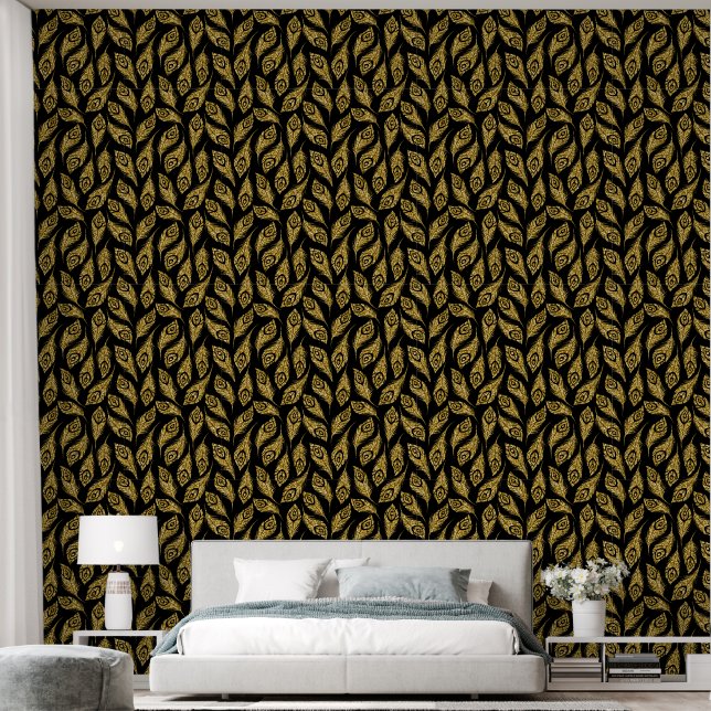 Elegant gold black feather pattern wallpaper (Bedroom)