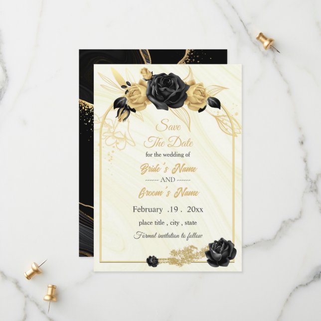 elegant gold & black floral geometric save the date (Front/Back In Situ)