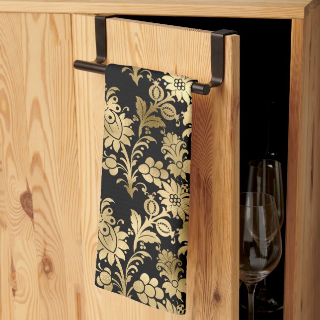 Elegant Gold Black Floral Glam Tea Towel (Thirds Fold)