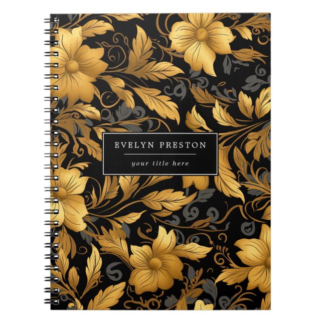 Elegant Gold Black Floral Leaves Botanical Script Notebook (Front)