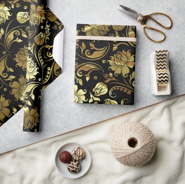 Elegant Gold & Black Floral Pattern Wrapping Paper (Crafts)