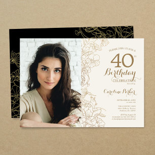 Elegant Gold Black Floral Photo 40th Birthday Invitation