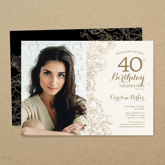 Elegant Gold Black Floral Photo 40th Birthday Invitation (Creator Uploaded)