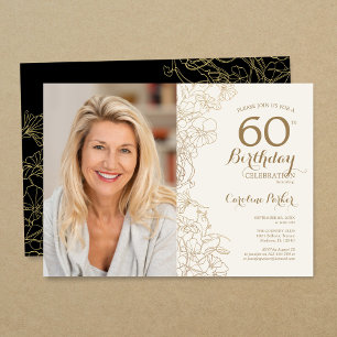 Elegant Gold Black Floral Photo 60th Birthday Invitation