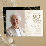 Elegant Gold Black Floral Photo 90th Birthday Invitation<br><div class="desc">Gold black floral 90th birthday party invitation with your photo on the front of the card. Minimalist modern design featuring botanical outline drawings accents, faux gold foil and typography script font. Simple trendy invite card perfect for a stylish female bday celebration. Can be customised to any age. Printed Zazzle invitations...</div>