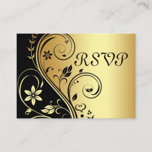 Elegant Gold & Black Floral Scroll RSVP Card
