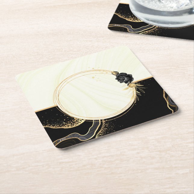 elegant gold & black floral square paper coaster (Angled)