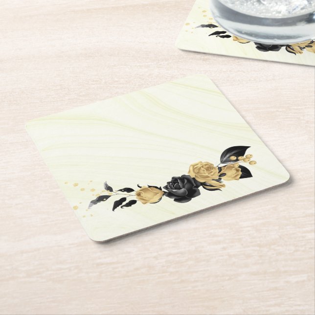 elegant gold & black floral square paper coaster (Angled)
