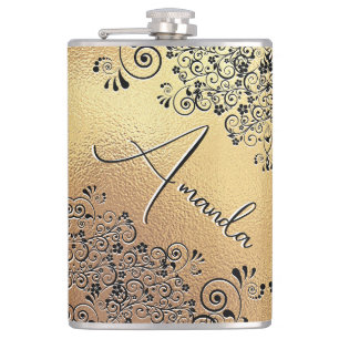 Elegant Gold Black Floral Swirl Name Hip Flask