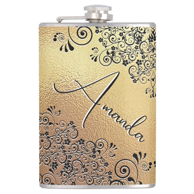 Elegant Gold Black Floral Swirl Name  Hip Flask (Front)