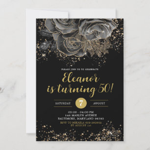 Elegant Gold Black Floral Woman Any Age Birthday  Invitation