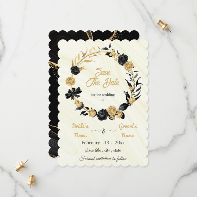 elegant gold & black floral wreath save the date (Front/Back In Situ)