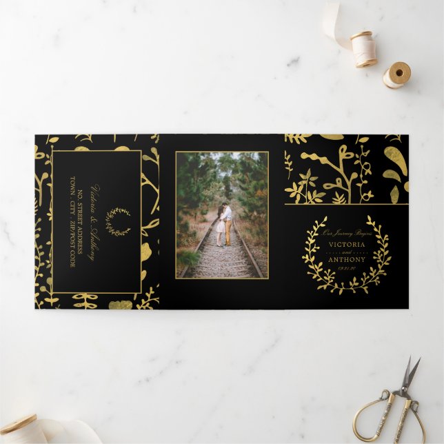 Elegant Gold & Black Floral Wreath Wedding Suite Tri-Fold Invitation (Outside)