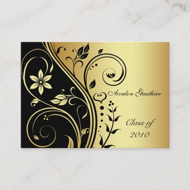 Elegant Gold & Black Flower Scroll Graduation Card (Front)