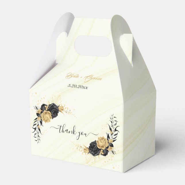 elegant gold & black flowers wedding favour box (Front Side)