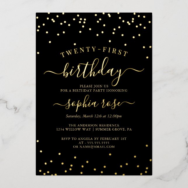 Elegant Gold Black Foil Calligraphy 21st Birthday  (Front)