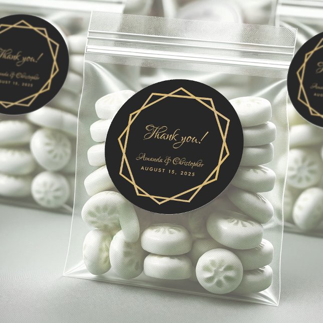 Elegant Gold Black Geometric Thank You Wedding Classic Round Sticker (Creator Uploaded)