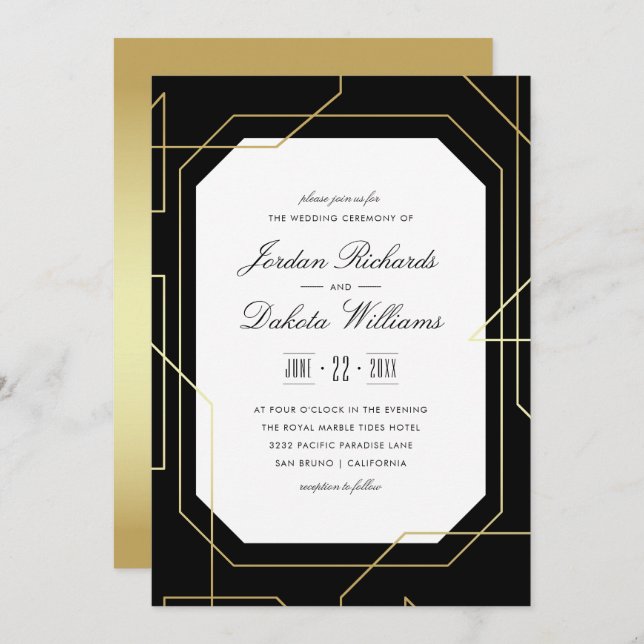 Elegant Gold & Black Geometric Wedding Invitation (Front/Back)