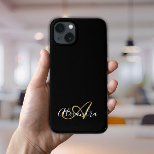 Elegant Gold Black Girly Script Name Monogram iPhone 13 Case