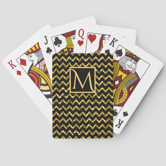 Elegant Gold Black Glitter Chevron Pattern Initial Playing Cards (Back)