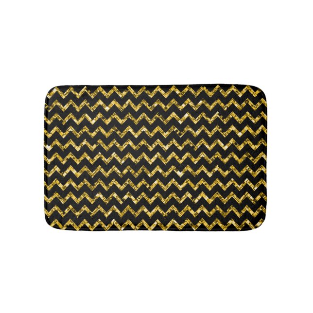 Elegant Gold Black Glitter Chevron Stripes Chic Bath Mat (Front)