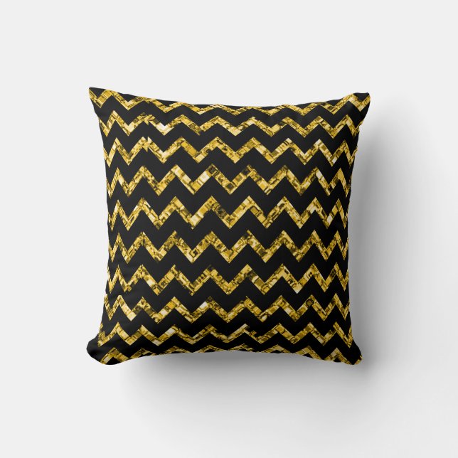 Elegant Gold Black Glitter Chevron Stripes Chic Cushion (Front)