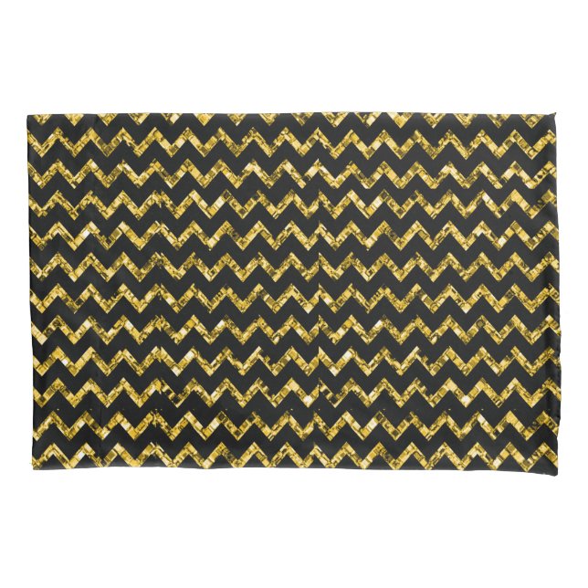 Elegant Gold Black Glitter Chevron Stripes Chic Pillowcase (Front)
