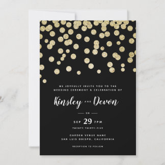 Elegant Gold & Black Glitter Confetti Minimalist Invitation